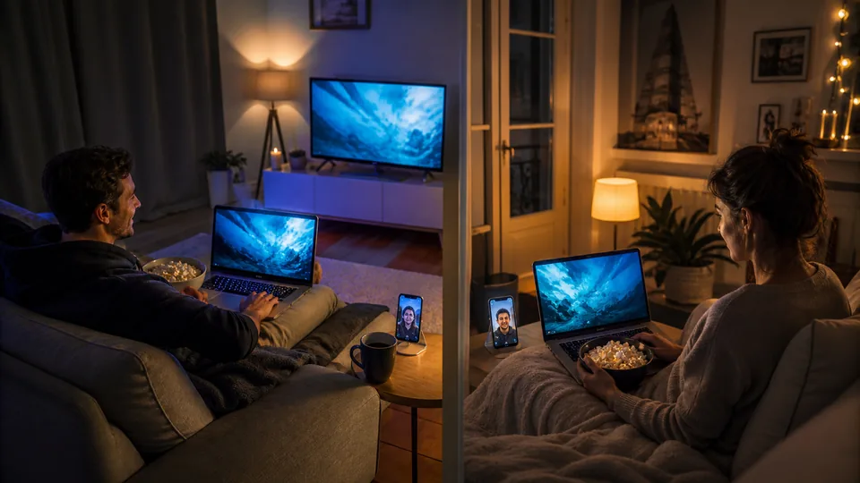 Couple à distance partageant le même film pendant un appel WhatsApp