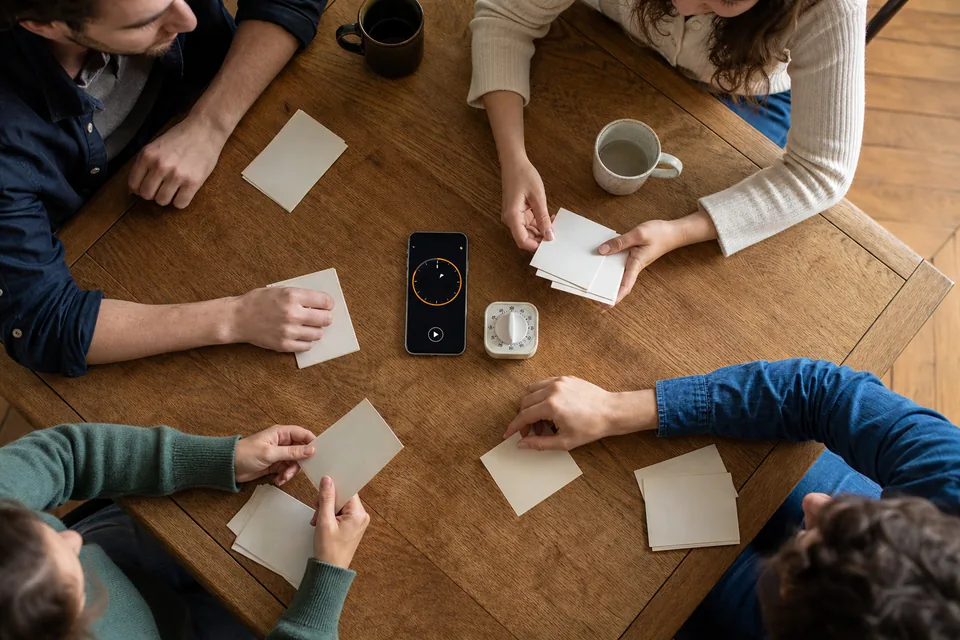 Préparation des cartes et du minuteur pour le jeu de l’espion