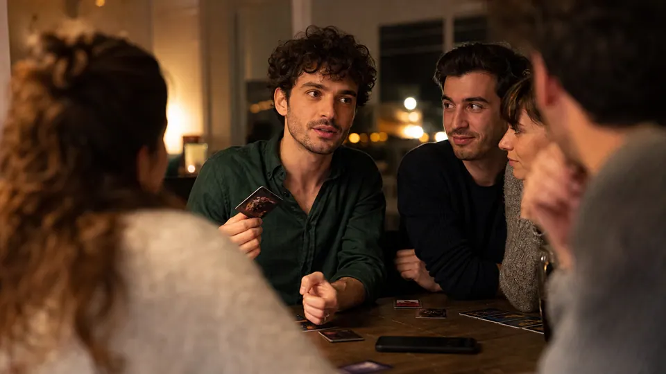 Un joueur donne un indice pendant que ses amis l’observent