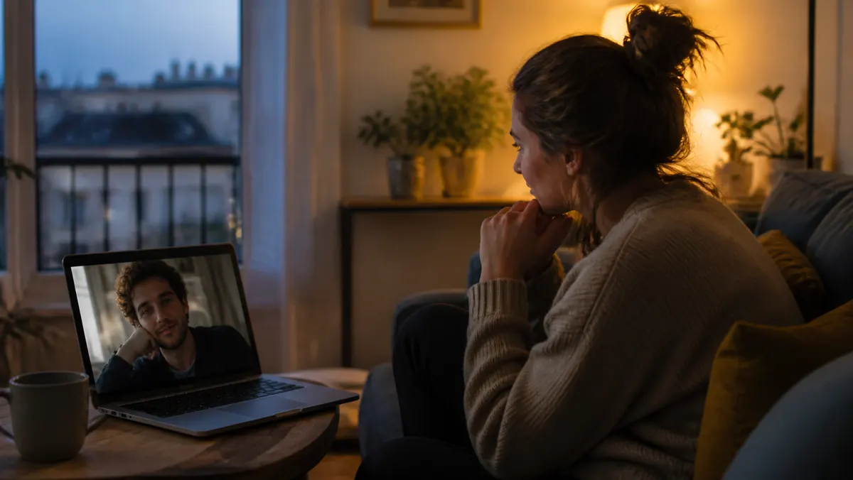 Couple riant devant un écran pendant une soirée à distance