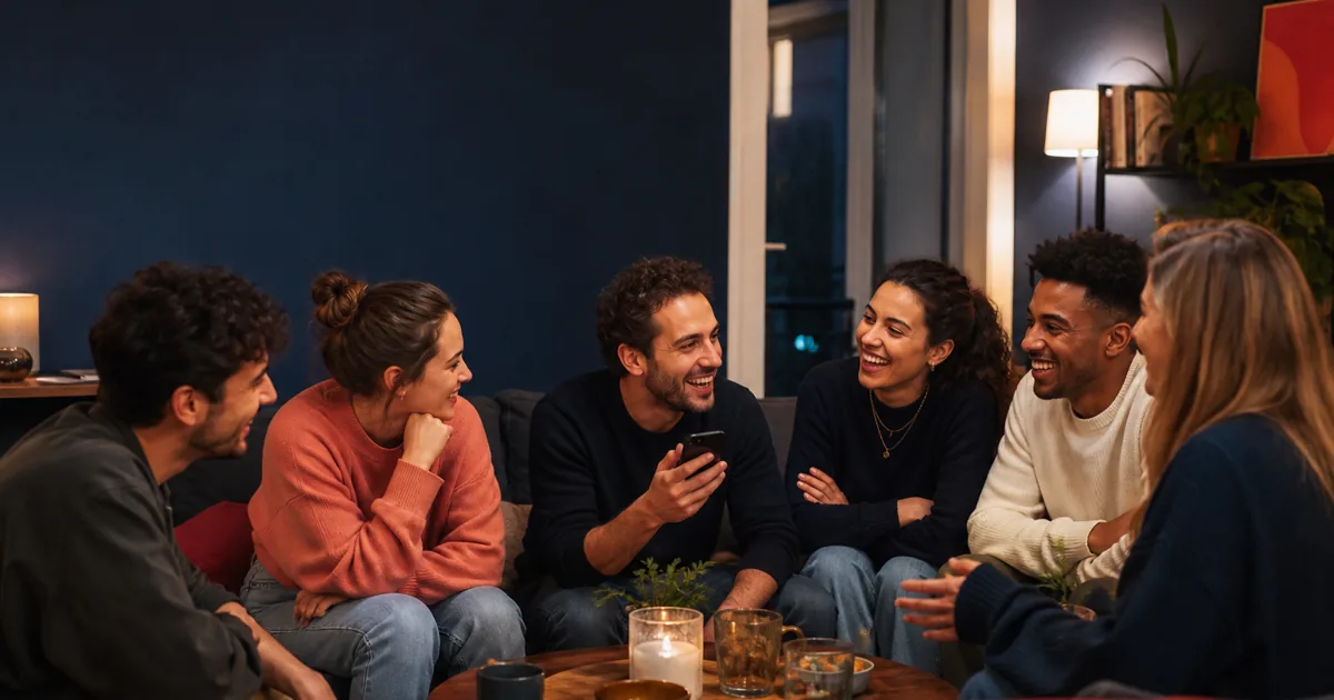 Amis réunis pour un jeu de questions dans un appartement