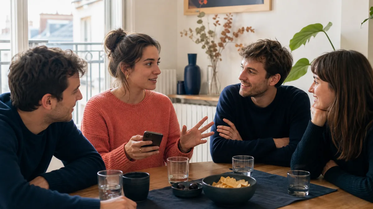 Groupe d’amis choisissant la première question autour d’une table