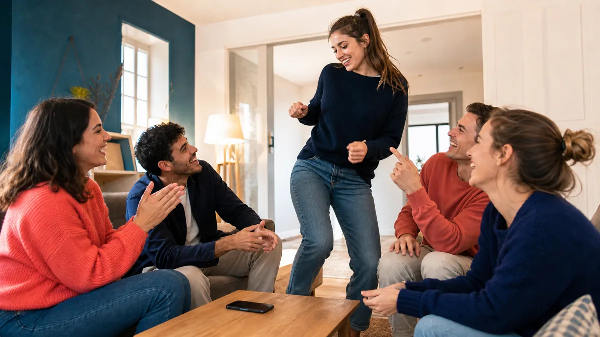 Amie relevant un défi dansé pendant une variante du jeu