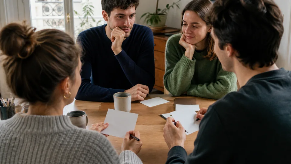 Amis notant leurs réponses pour un test d’amitié