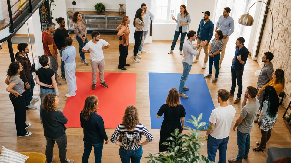 Grand groupe réparti entre deux camps colorés
