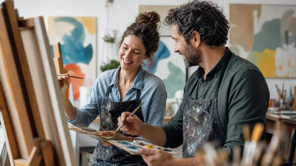 Couple participant à un cours de peinture
