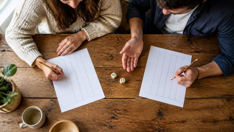 Couple jouant avec du papier et des dés