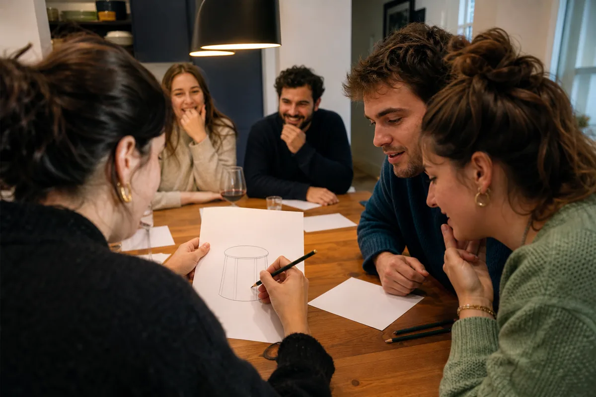 Équipe dessinant et devinant des mots sur papier