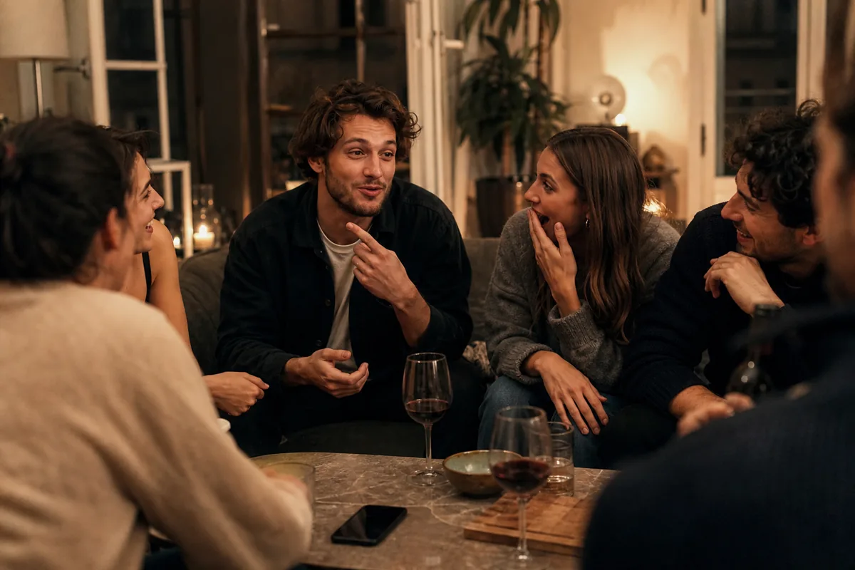 Amis réagissant à une question drôle pendant la soirée