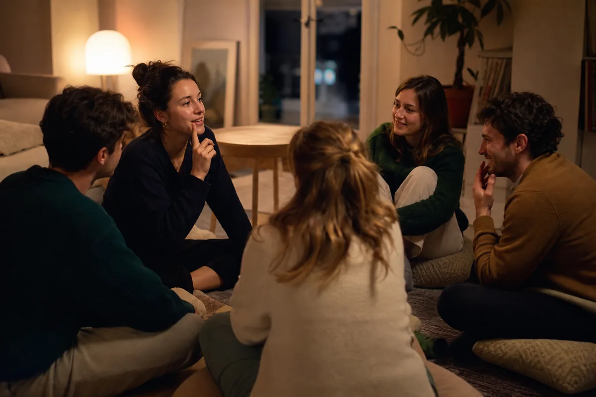 Amis riant pendant un jeu sans matériel