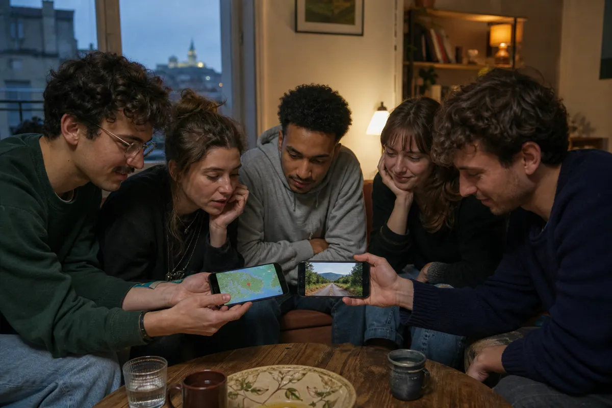 Amis français réunis autour de téléphones pour un jeu de localisation