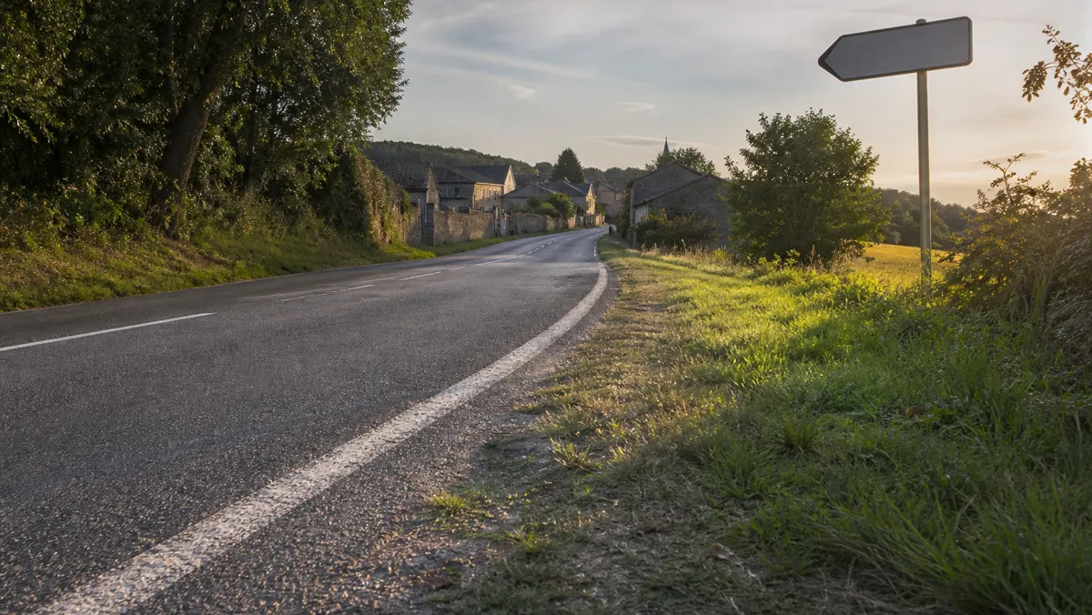 Route rurale avec panneaux, lignes au sol et végétation comme indices