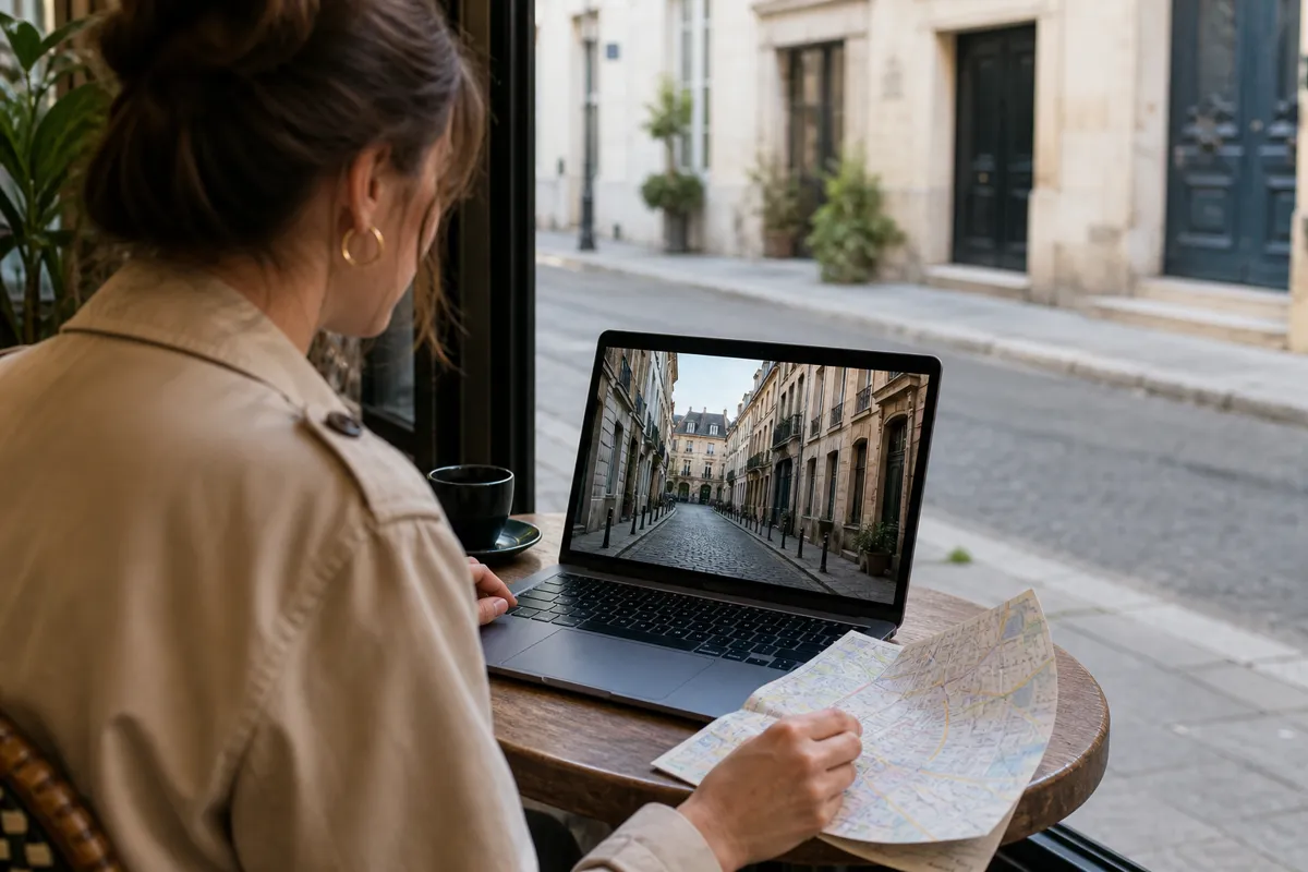 Joueuse examinant une rue européenne et une carte du monde