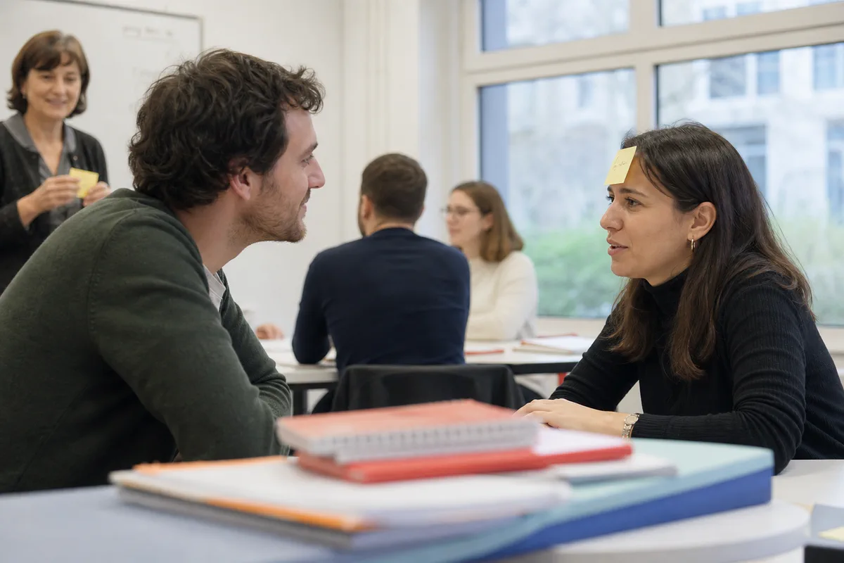Adultes jouant à Qui suis-je en cours de français