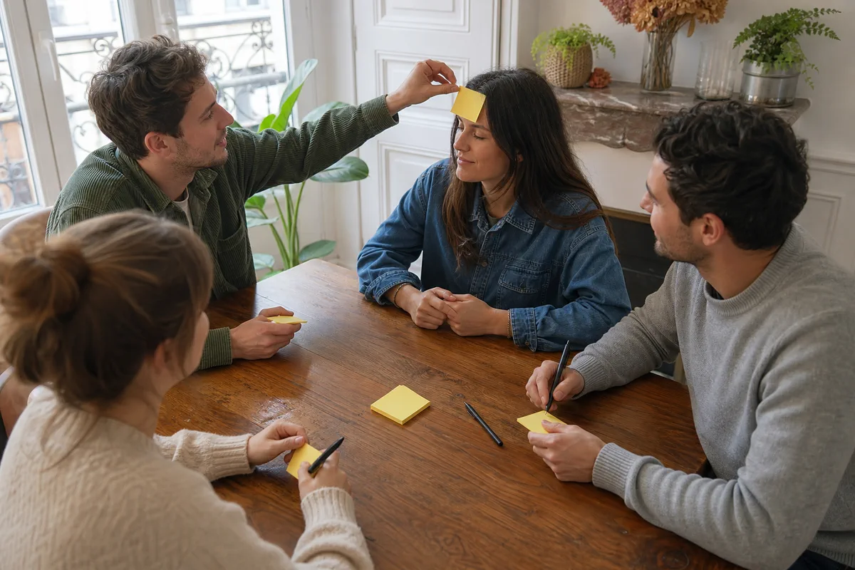 Amis préparant des post-it pour Qui suis-je