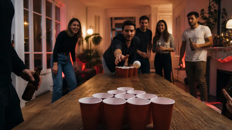 Deux équipes jouant au Beer Pong dans un appartement