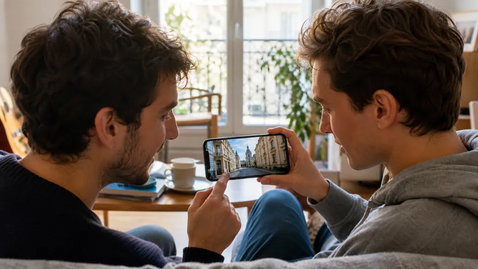 Deux amis jouant côte à côte sur un téléphone