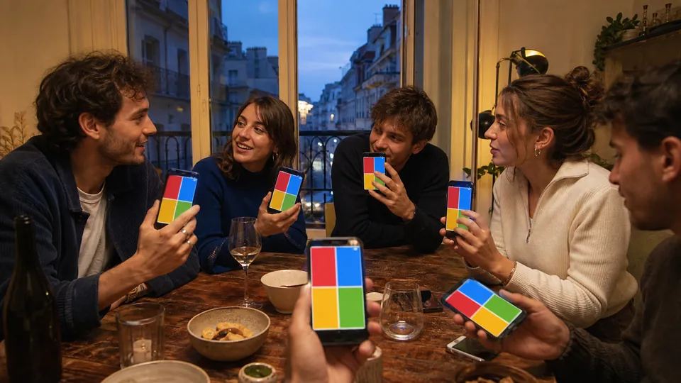 Amis répondant ensemble à un quiz sur leurs téléphones