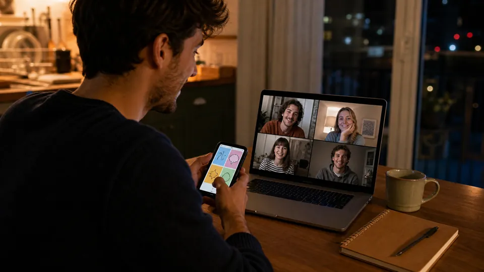 Amis en appel vidéo jouant chacun sur leur téléphone
