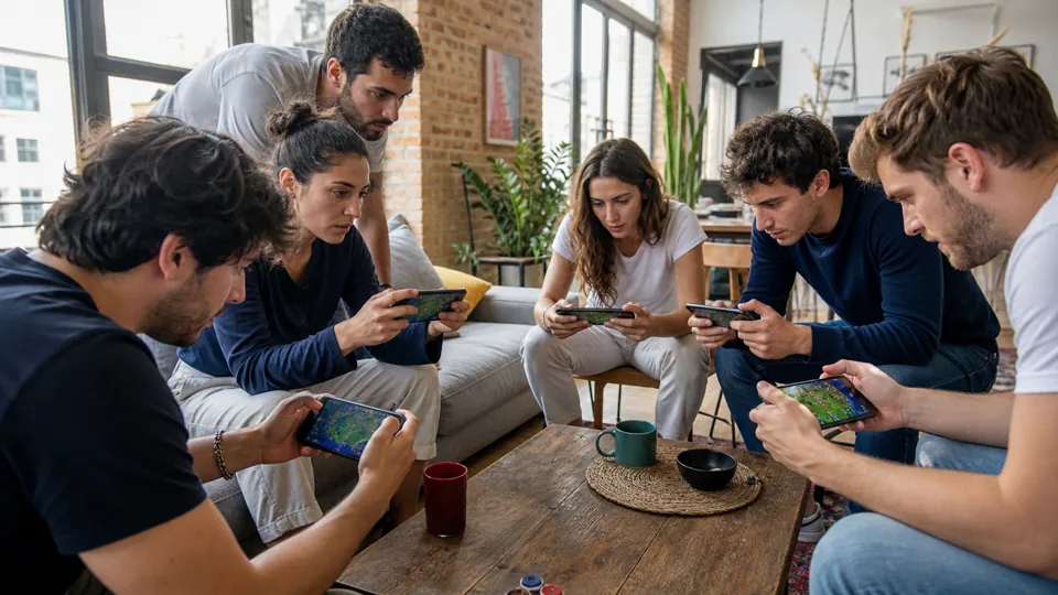Équipe d’amis concentrée sur une partie mobile