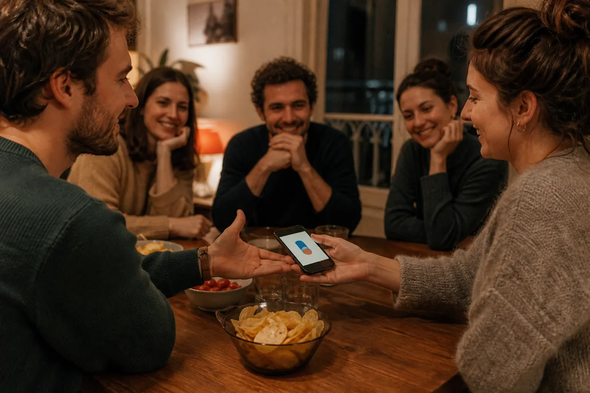 Téléphone partagé au centre d’une table entre amis