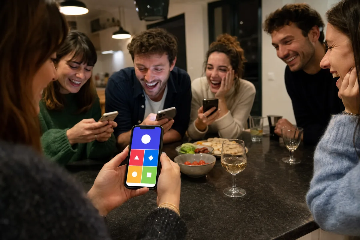 Amis répondant à un quiz sur smartphone