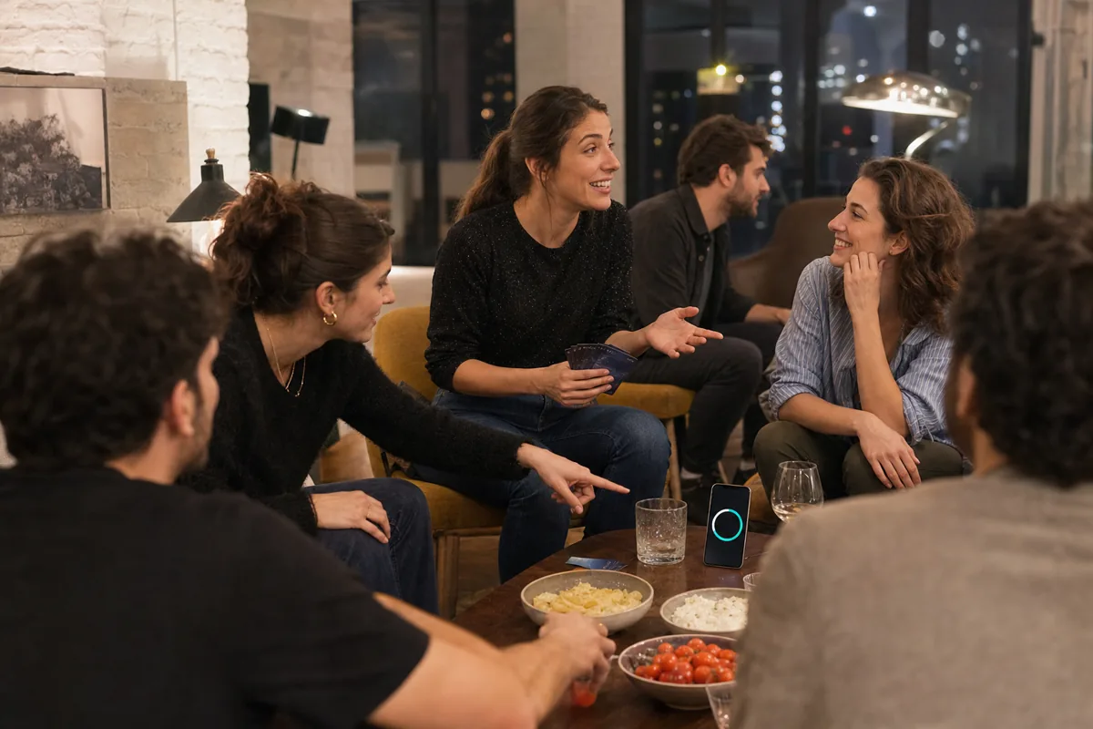 Groupe riant entre deux manches de jeu mobile