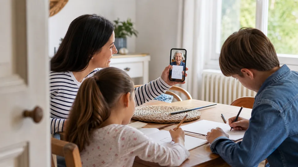 Famille jouant au dessin en appel vidéo