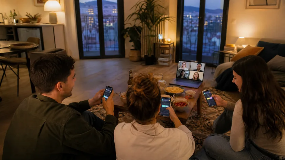 Amis jouant sur téléphone pendant une visio