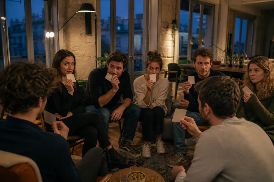 Groupe observant les réactions dans un jeu de bluff