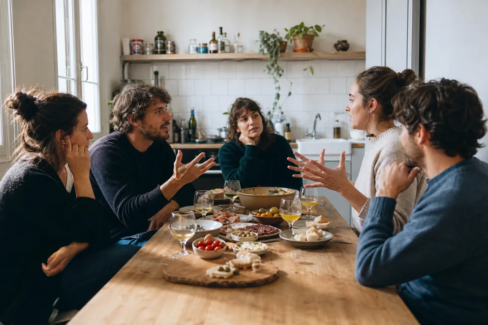 Bande d’amis comparant ses choix autour d’une table