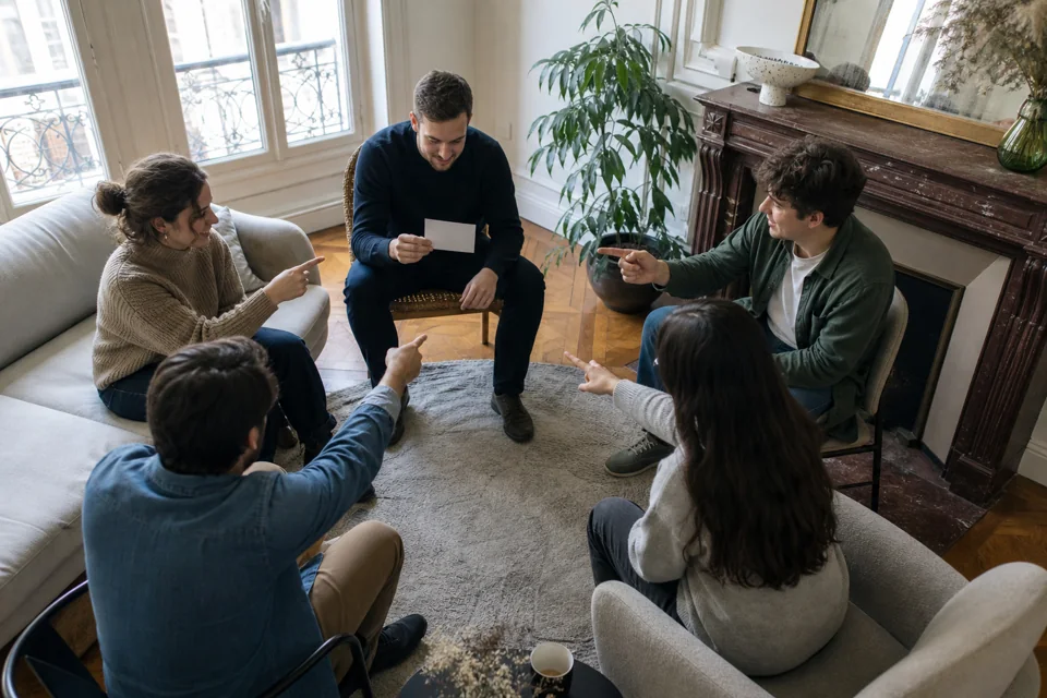 Groupe assis en cercle pendant une partie de Tu préfères