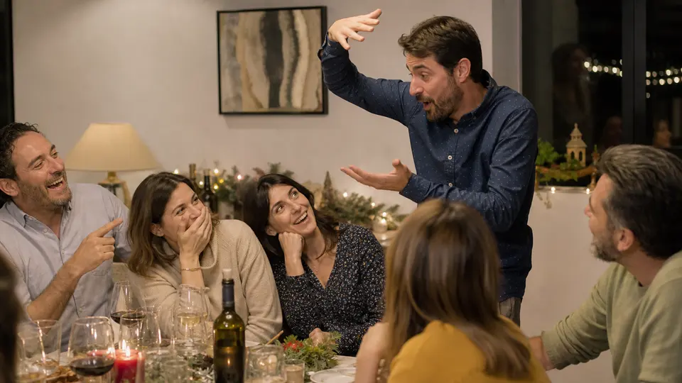 Adultos jugando a la mímica en Navidad