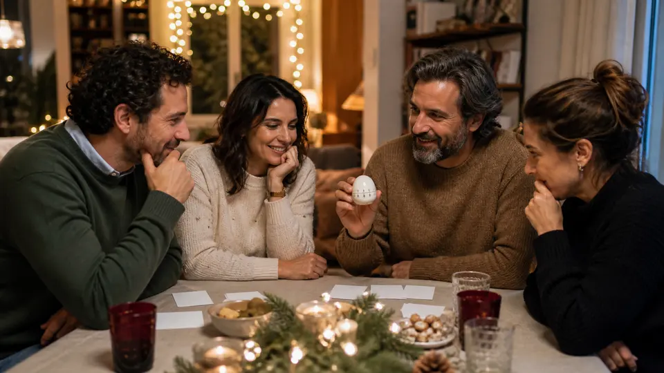 Equipo resolviendo un trivial durante una cena navideña