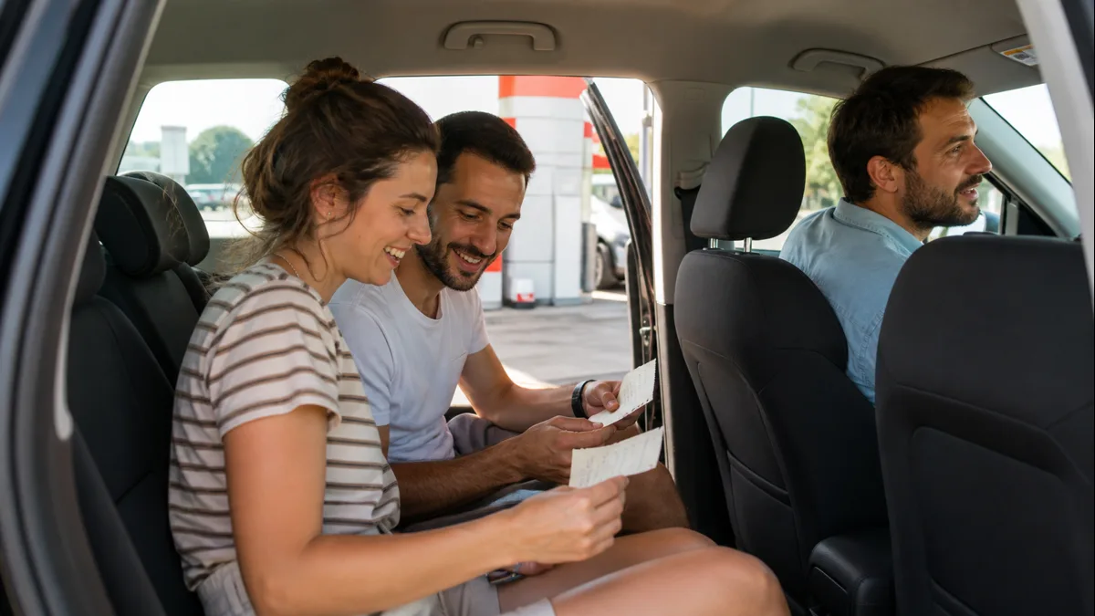 Viajeros adultos eligiendo un juego en el coche