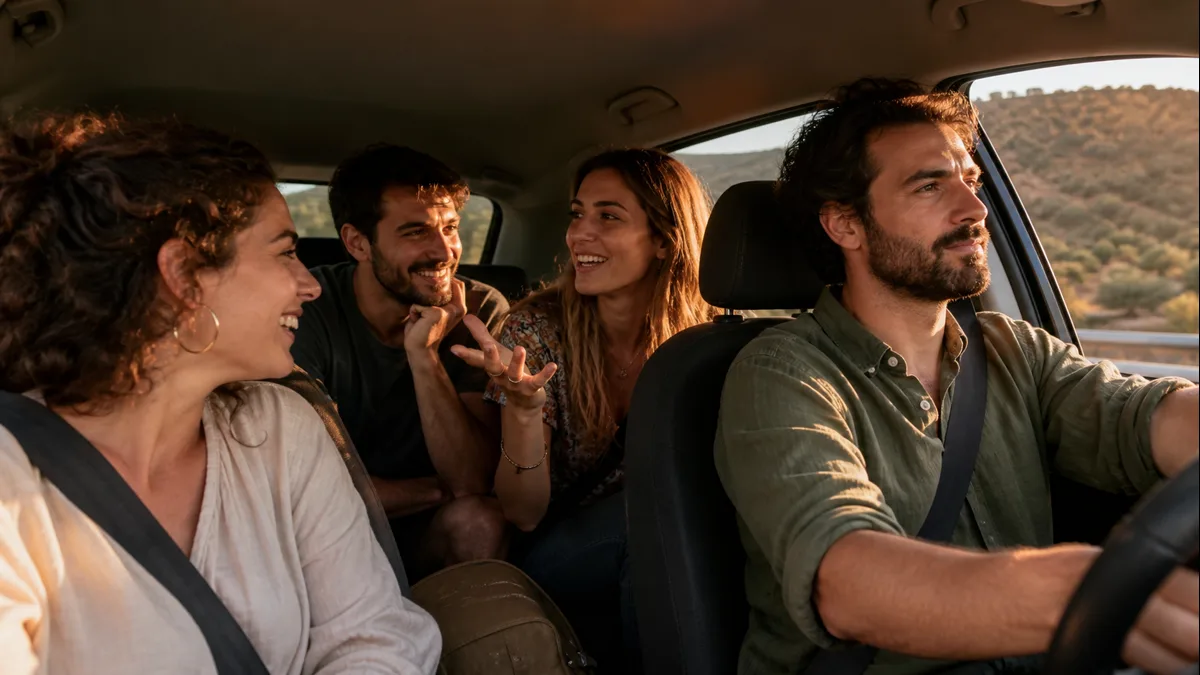 Grupo de amigos inventando una historia durante el trayecto