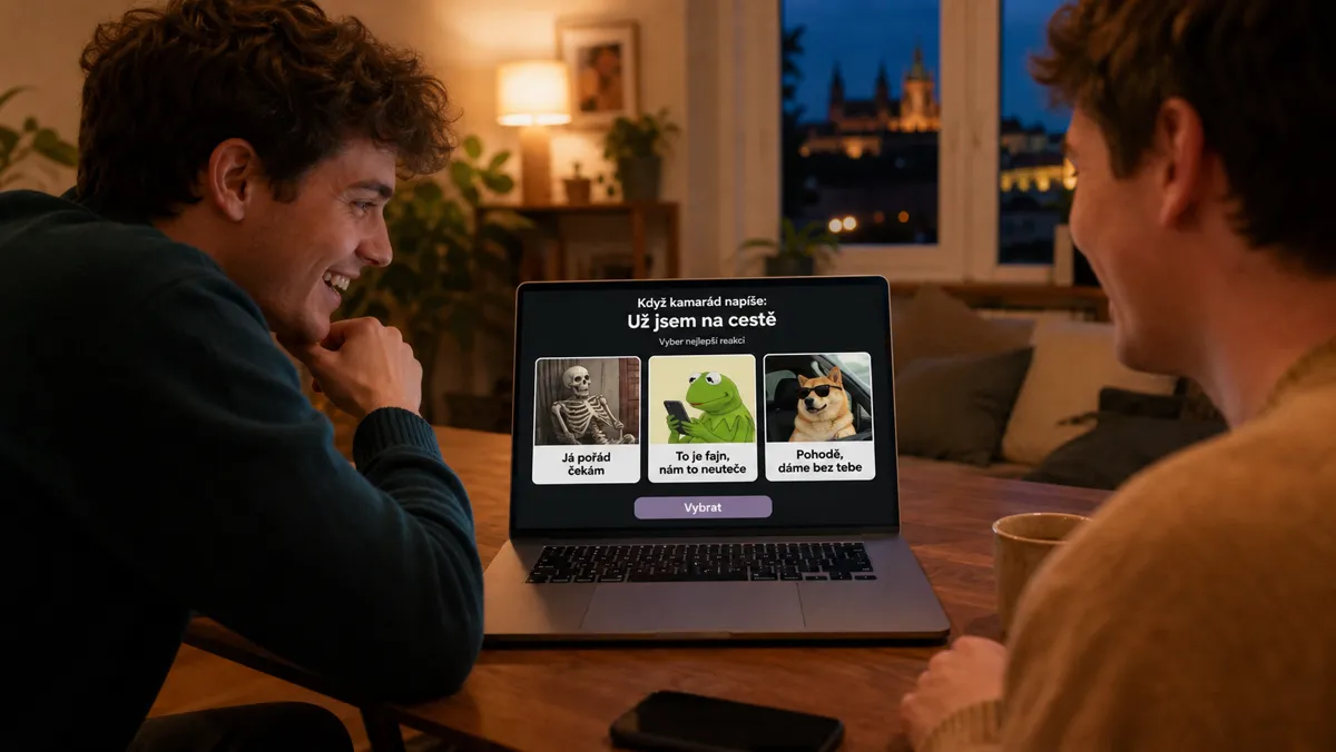 Dva přátelé sledují na notebooku český herní prompt s memem