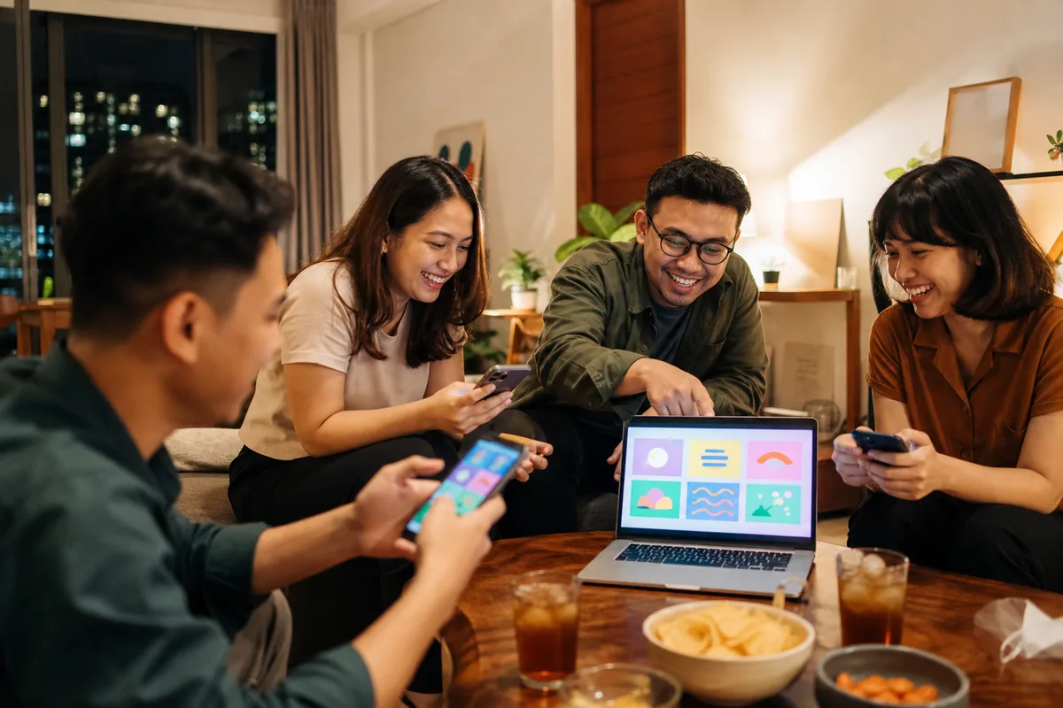 Teman-teman Indonesia bermain game meme dari ponsel di ruang tamu