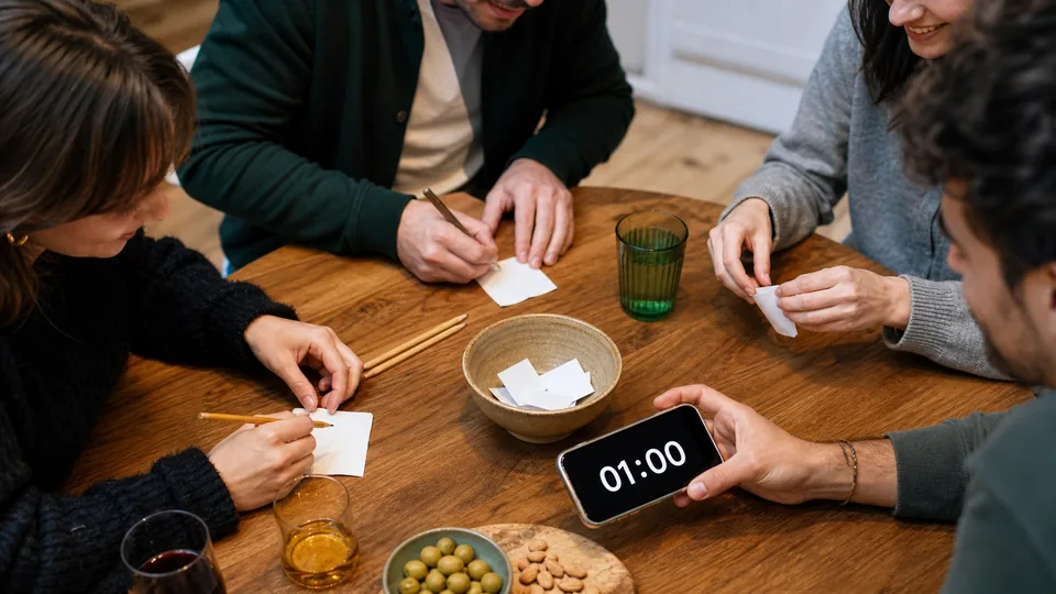 Équipe préparant des papiers pour une partie de mime