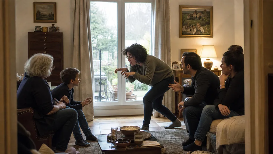 Famille jouant au mime mystère en deux équipes