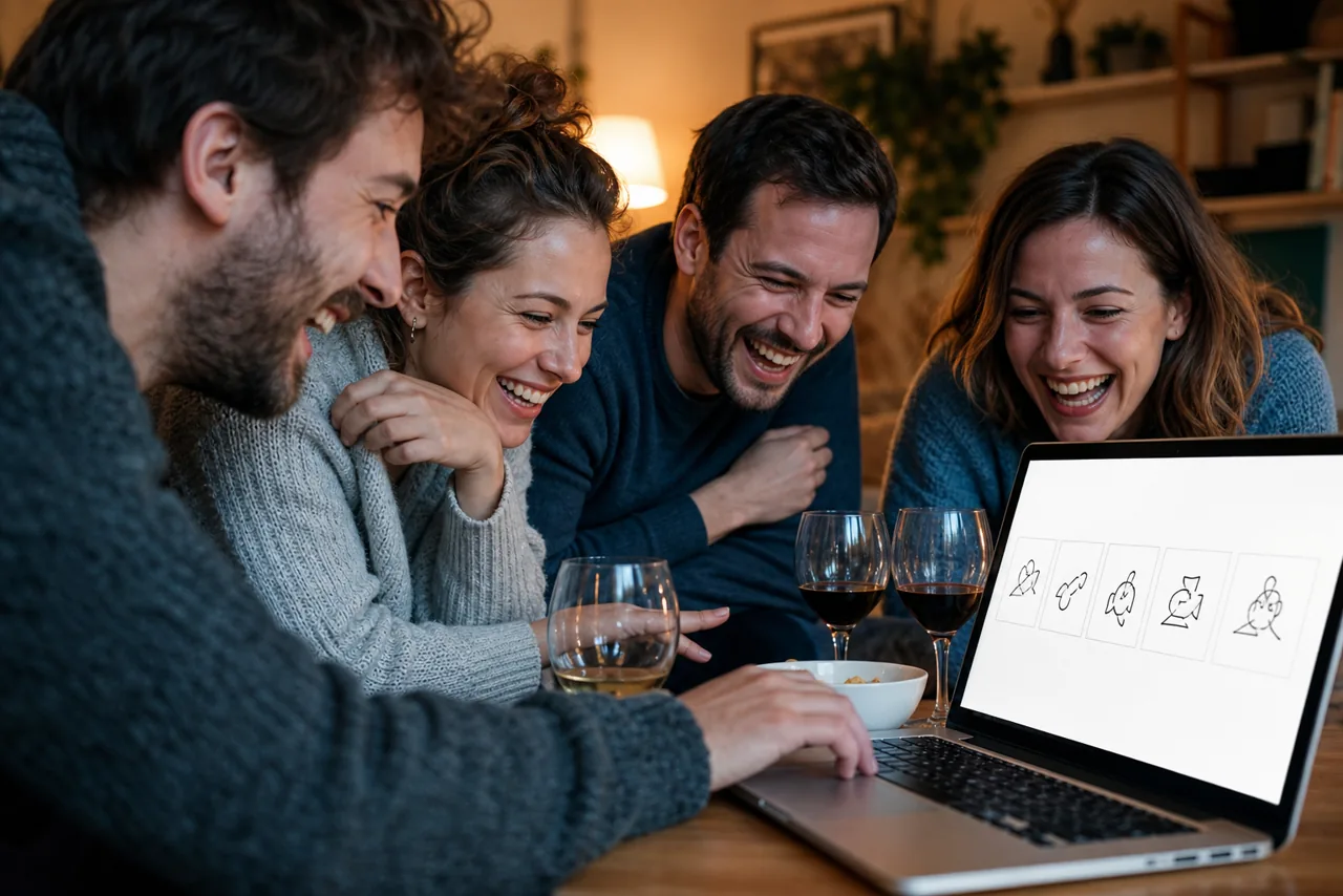 Zwei Freunde spielen ein Zeichenspiel am Laptop