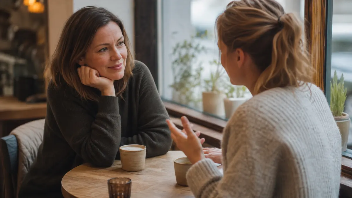 To norske venner som forteller historier over kaffe