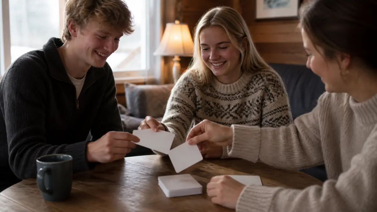 Norske venner som velger et spørsmålskort