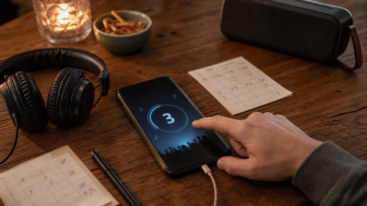 Handy mit Musikquiz neben Kopfhörern und Notizkarten