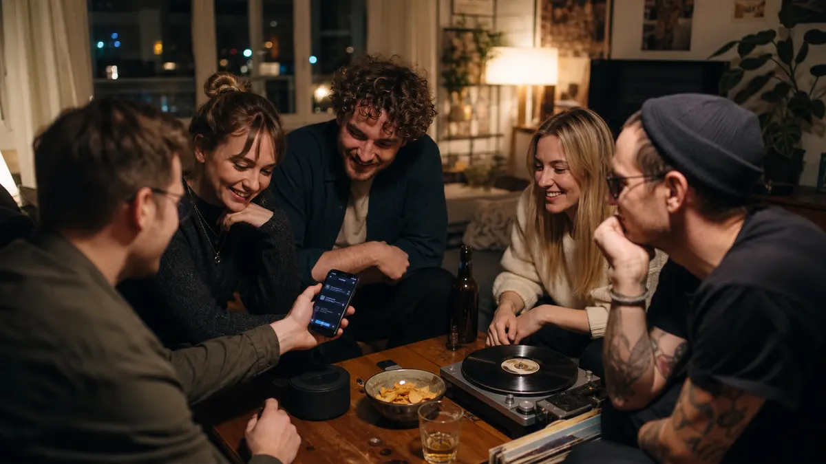 Freunde spielen ein Musikquiz in einer Wohnung