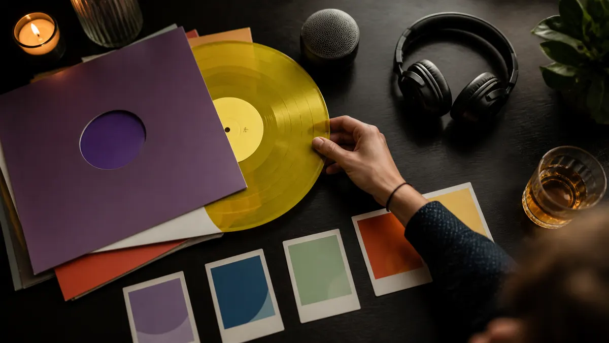 Bunte Schallplatten liegen für verschiedene Musikquiz Kategorien bereit