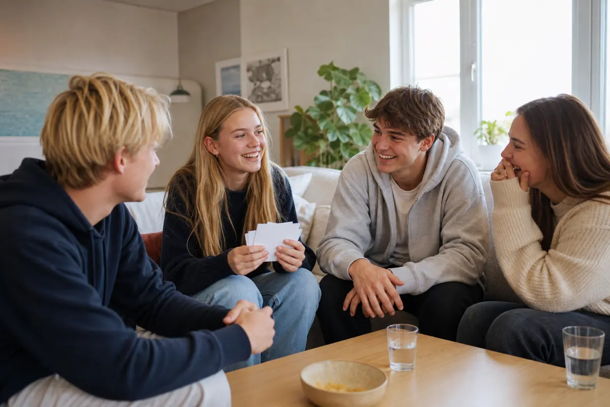 Norske ungdomsvenner som spiller med spørsmålskort hjemme