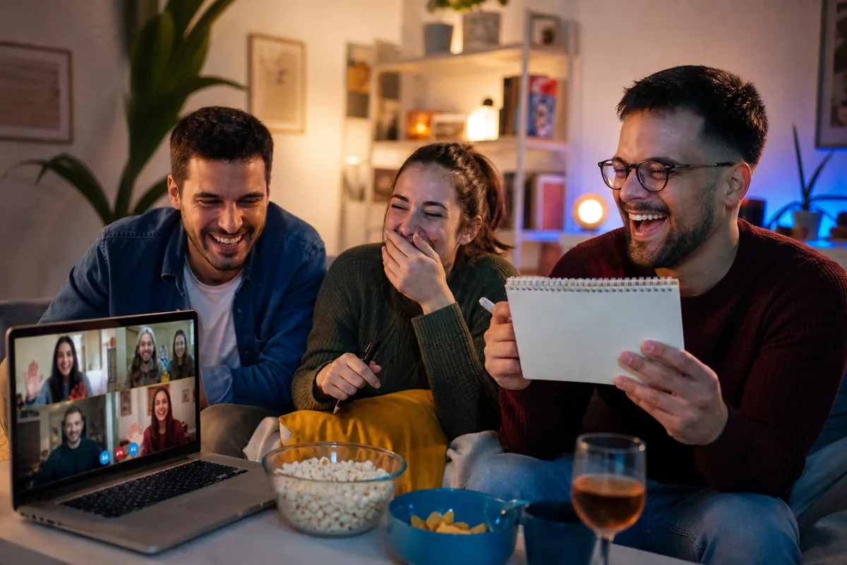 Група приятели се смее по време на онлайн quiz