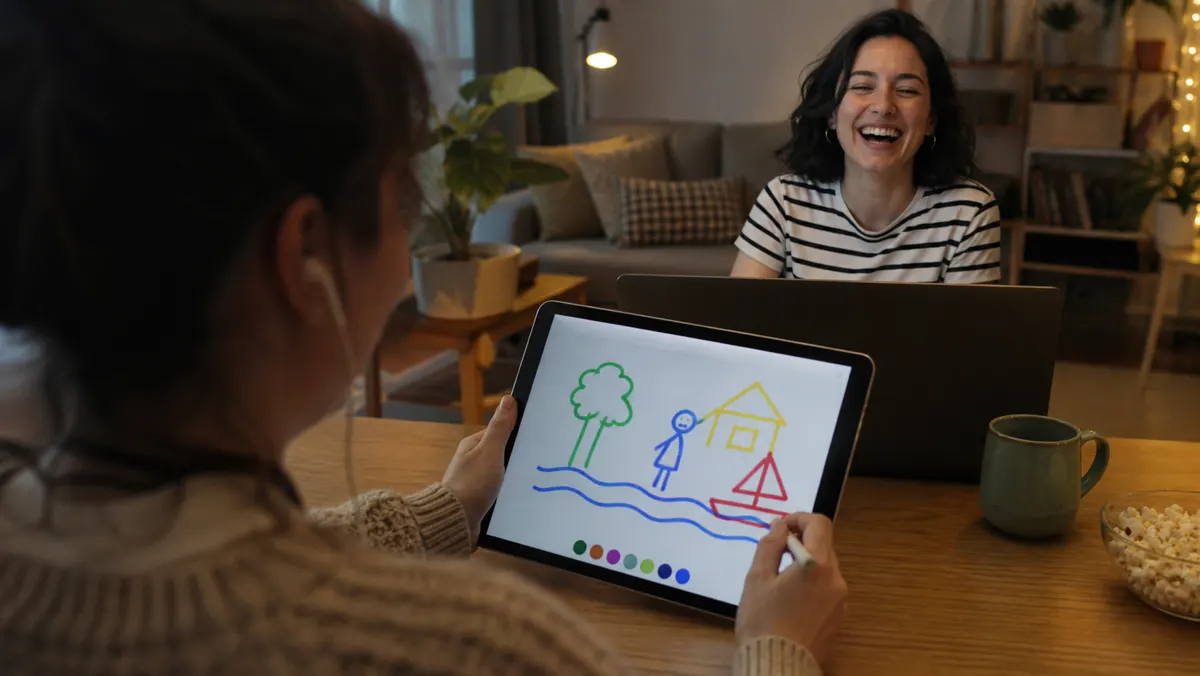 Amigos jugando a dibujar y adivinar en una partida a distancia