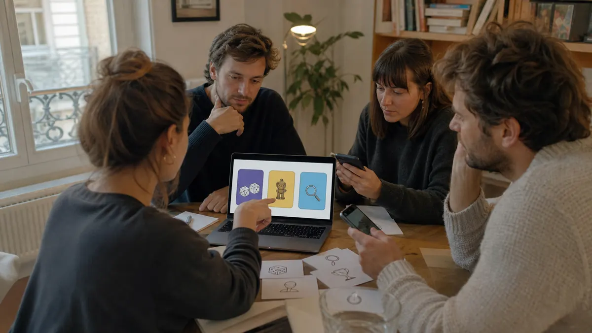 Quatre amis choisissent un jeu en ligne autour d’un ordinateur
